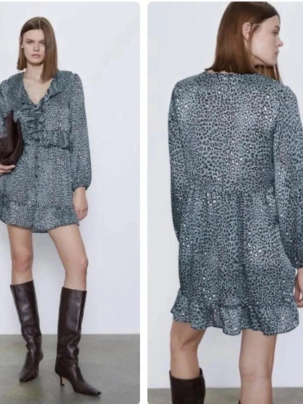 Zara Teal Black Leopard Print Ruffle Button Down Tunic Dress Size S